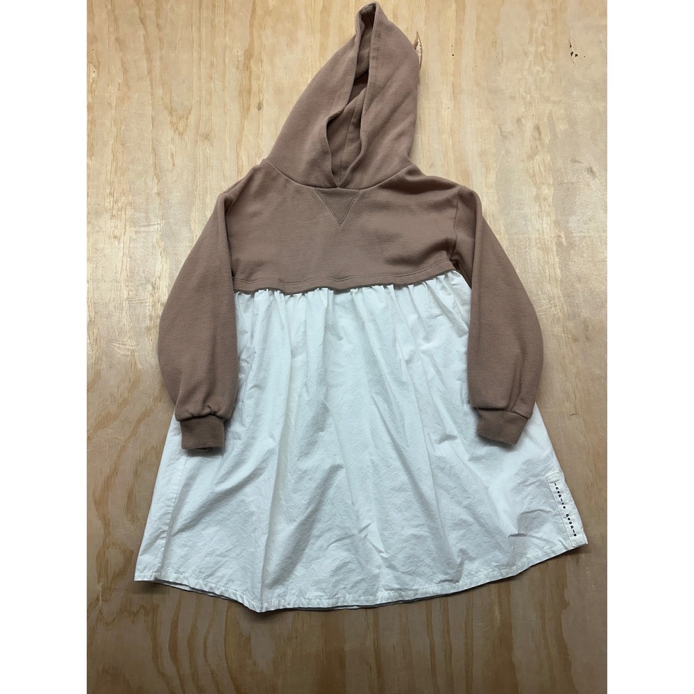 Zara Girls Tan Brown Hoodie Dress White Skirt Long Sleeve Size 6 Years inspire